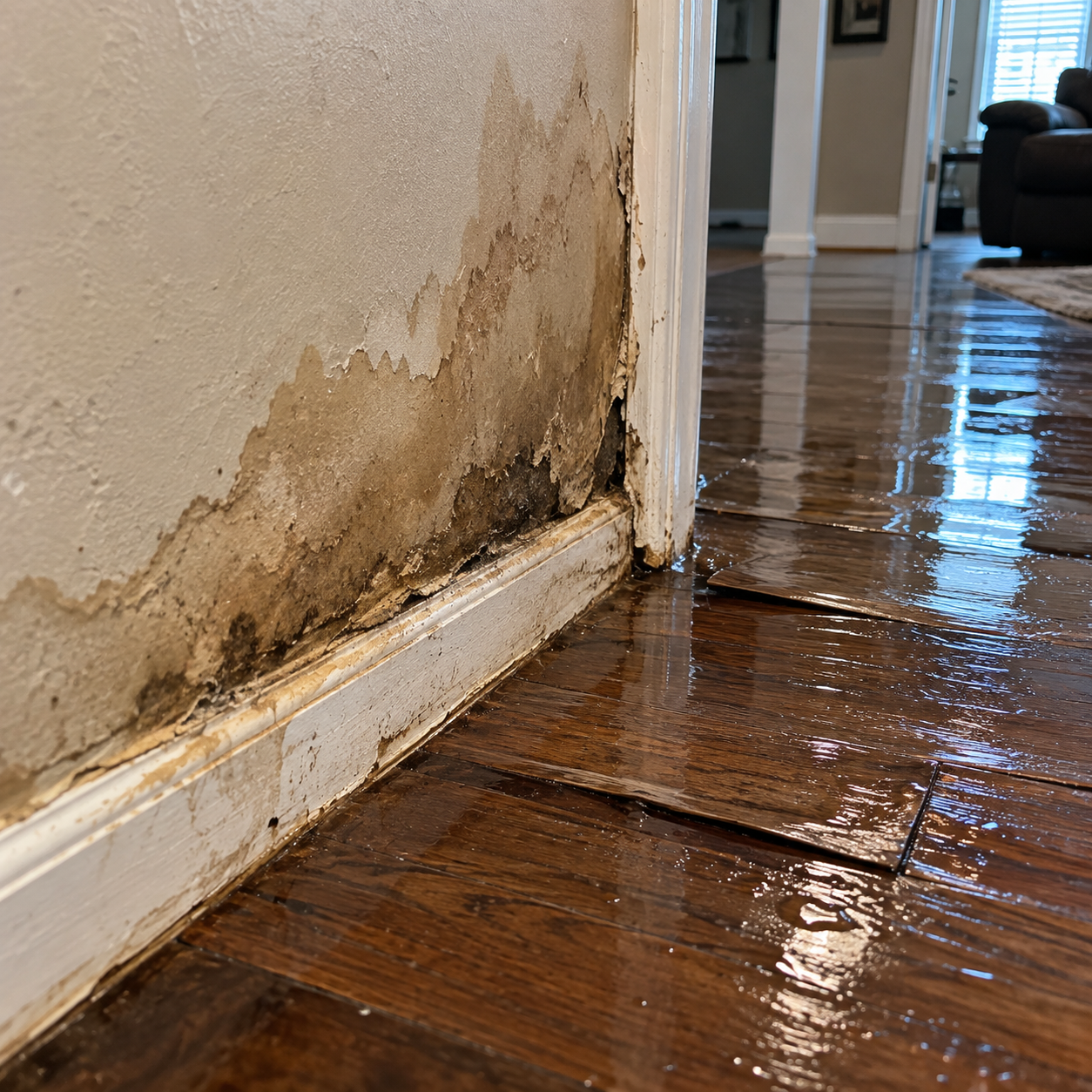Water damaged wall and soggy floor from burst pipe in Gilbert AZ home